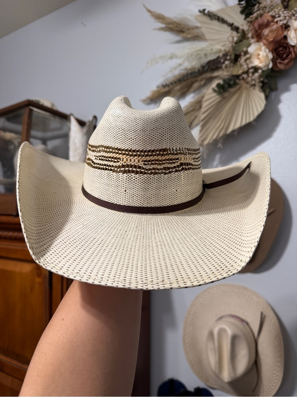Twister Natural Straw Cowboy Hat with Brown Band and Woven Accent